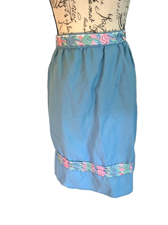 Handmade Accessories - Vintage Handmade Tie Back Half Apron Blue Floral 22" Length Retro 70s 60s